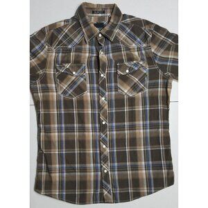 Various Artists Long Sleeve Front Snap Brown Plaid Western Shirt Mens M Slim Fit